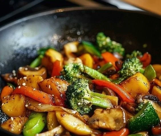 Colorful Vegetable Stir Fry with fresh veggies and savory sauce in a skillet.
