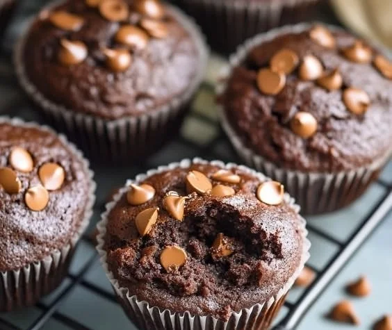Veggie-loaded chocolate muffins topped with chocolate chips and nuts