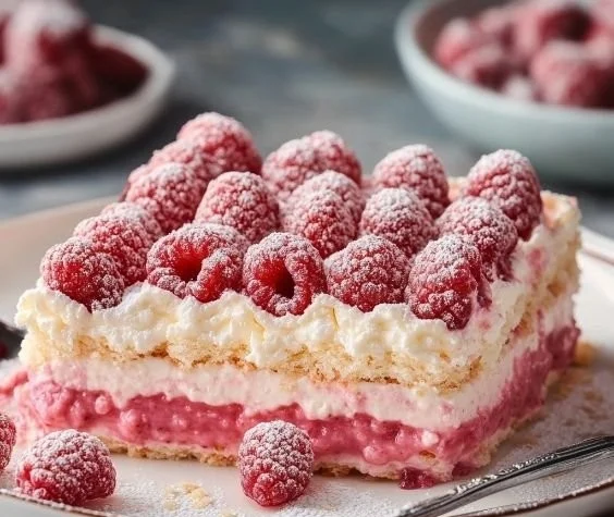 Delicious White Chocolate Raspberry Tiramisu dessert topped with fresh raspberries.