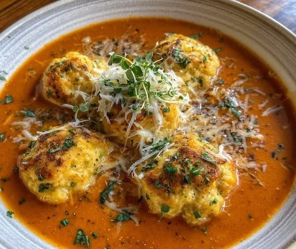 Wholesome tomato soup with cheddar bay dumplings in a bowl