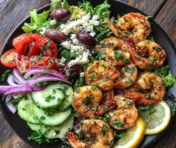 Zesty Mediterranean grilled shrimp salad with fresh vegetables and herbs
