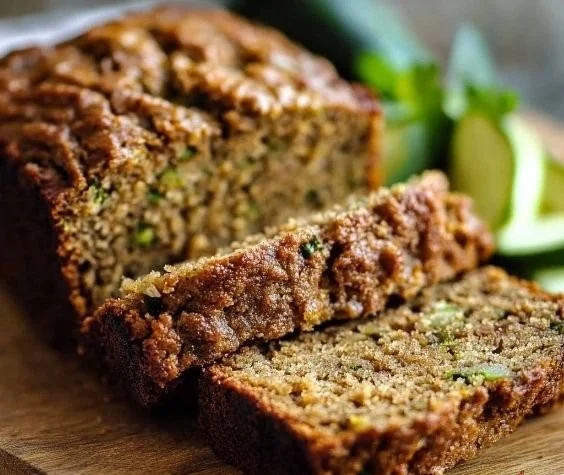Homemade zucchini bread with slices on a wooden board